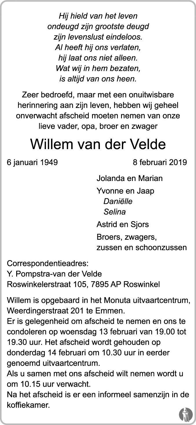 Willem van der Velde 08022019 overlijdensbericht en condoleances Mensenlinq.nl Willem van der Velde 08022019 overlijdensbericht en condoleances Mensenlinq.nl