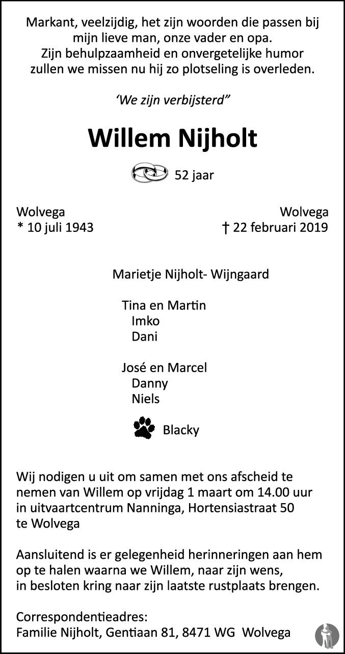 Willem Nijholt 22022019 overlijdensbericht en condoleances
