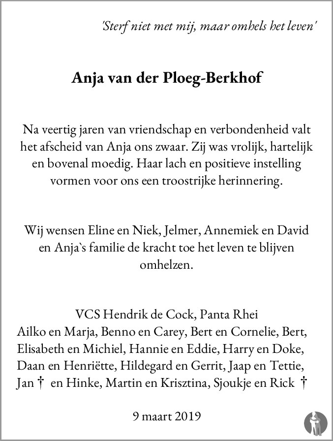 Overlijdensbericht van Anja van der Ploeg - Berkhof in Dagblad van het Noorden