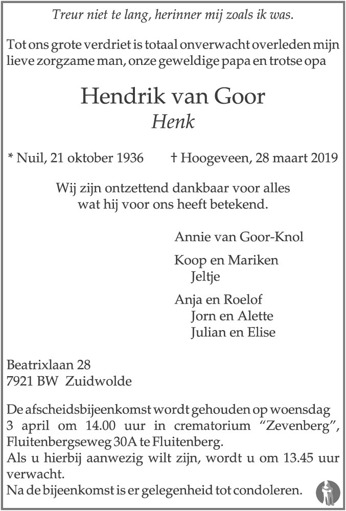 Hendrik (Henk) van Goor 28-03-2019 overlijdensbericht en condoleances ...
