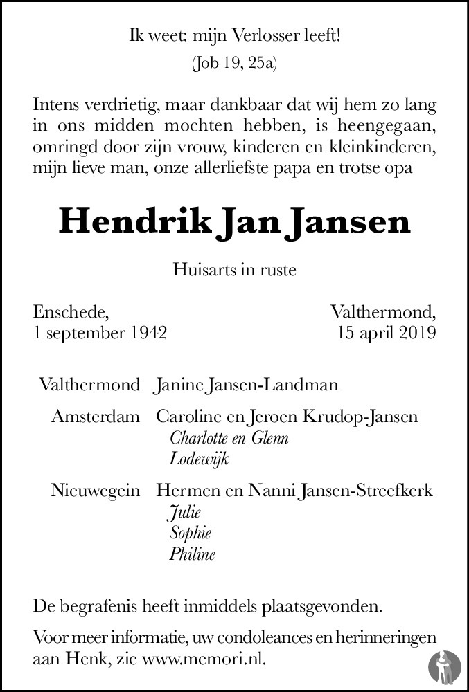 Hendrik Jan Jansen 15-04-2019 overlijdensbericht en condoleances ...