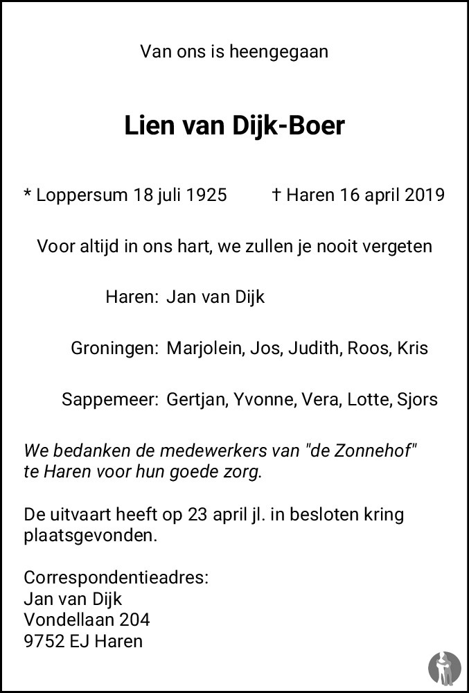 Lien van Dijk - Boer 16-04-2019 overlijdensbericht en condoleances ...