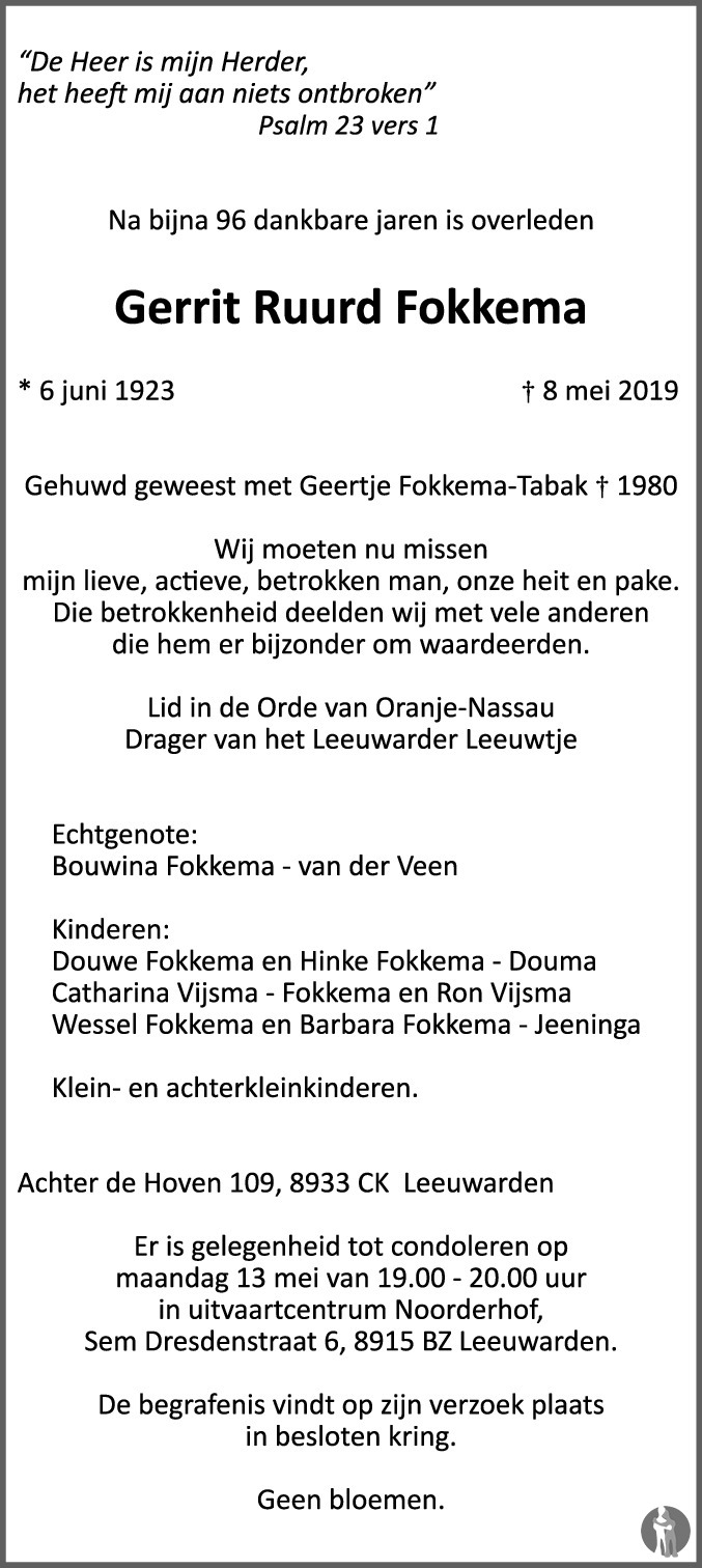Overlijdensbericht van Gerrit Ruurd Fokkema in Leeuwarder Courant