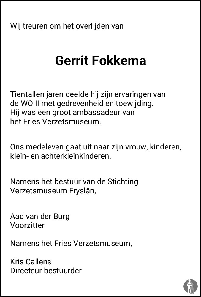 Overlijdensbericht van Gerrit Ruurd Fokkema in Friesch Dagblad