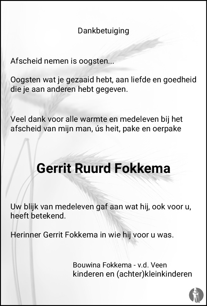 Overlijdensbericht van Gerrit Ruurd Fokkema in Friesch Dagblad
