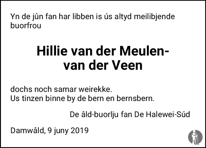 Hillie van der Meulen - van der Veen 09-06-2019 overlijdensbericht en ...