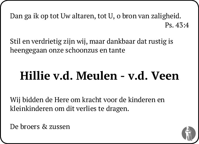 Hillie van der Meulen - van der Veen 09-06-2019 overlijdensbericht en ...