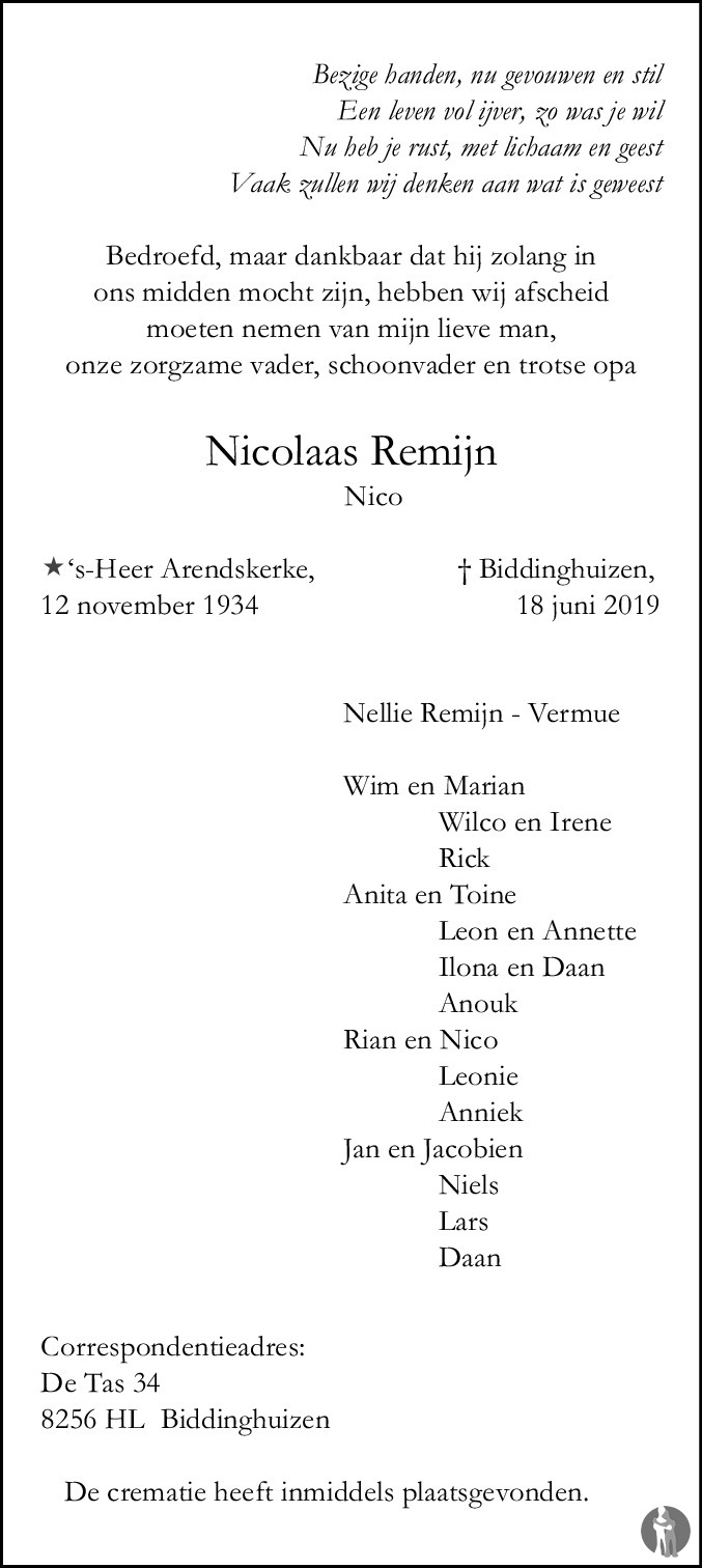 Nicolaas (Nico) Remijn 18-06-2019 overlijdensbericht en condoleances ...