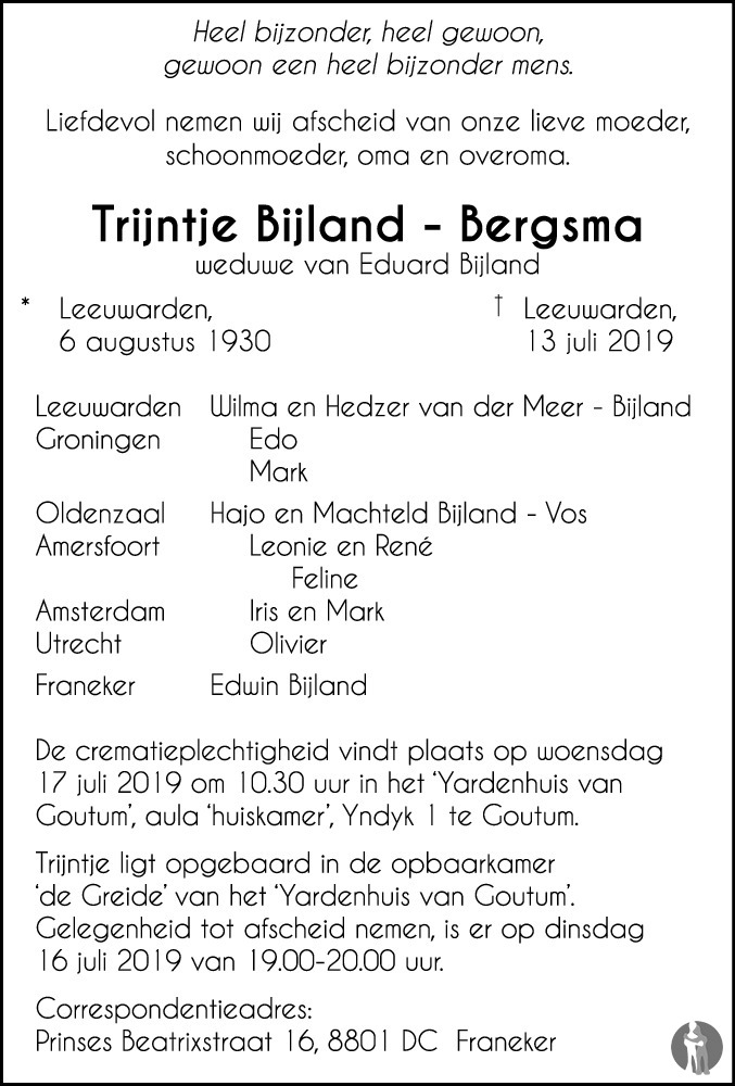 Overlijdensbericht van Trijntje Bijland - Bergsma in Leeuwarder Courant