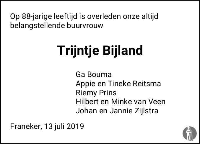 Overlijdensbericht van Trijntje Bijland - Bergsma in Franeker Courant