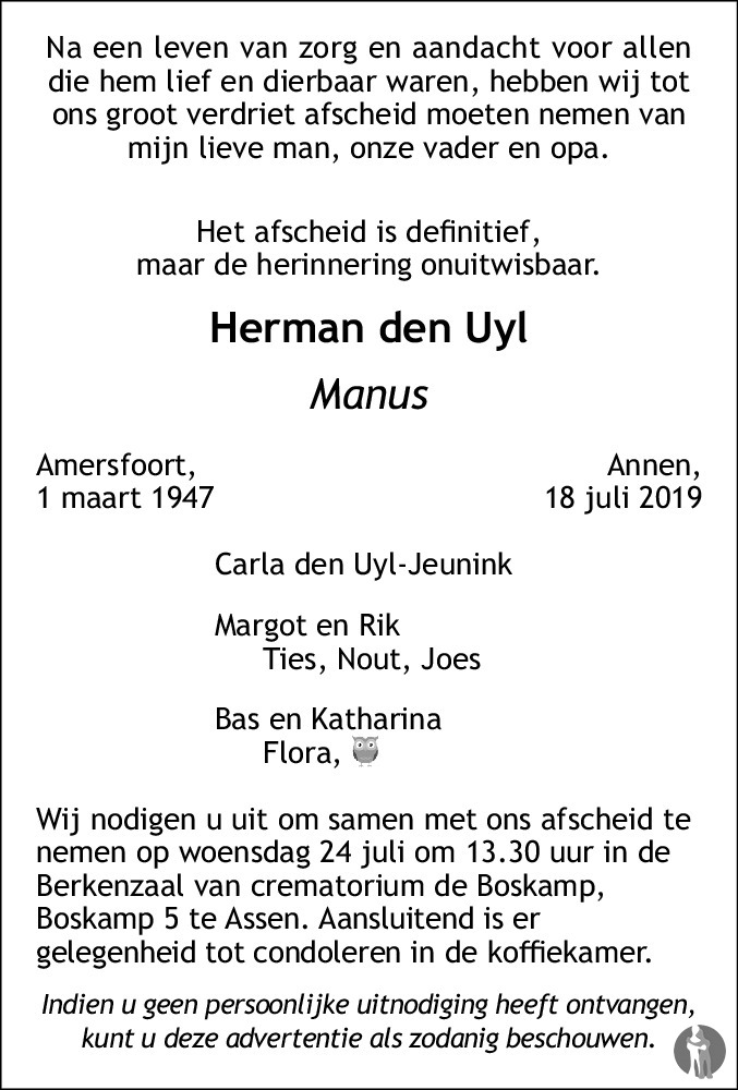 Overlijdensbericht van Manus (Herman) den Uyl in Dagblad van het Noorden