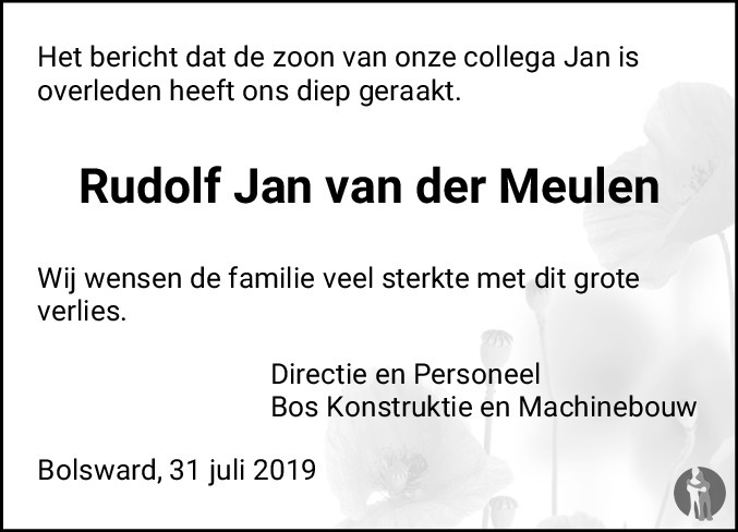 Rudolf Jan van der Meulen 29-07-2019 overlijdensbericht en condoleances