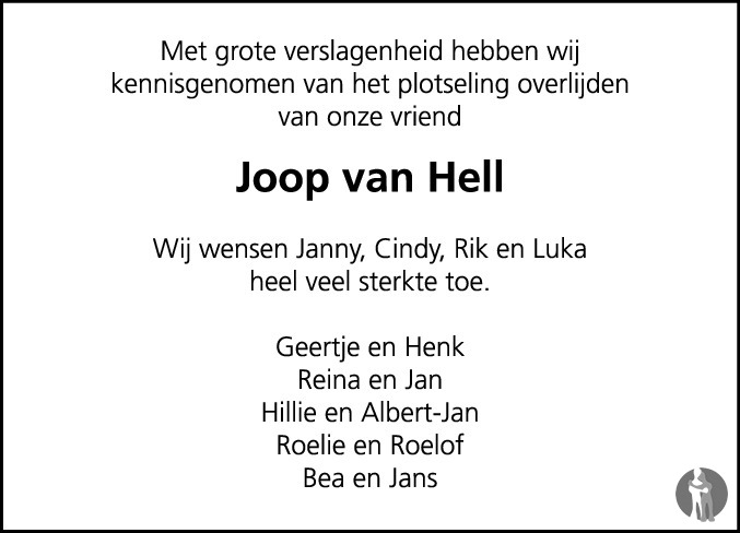 Overlijdensbericht van Johannes (Joop) van Hell in Meppeler Courant