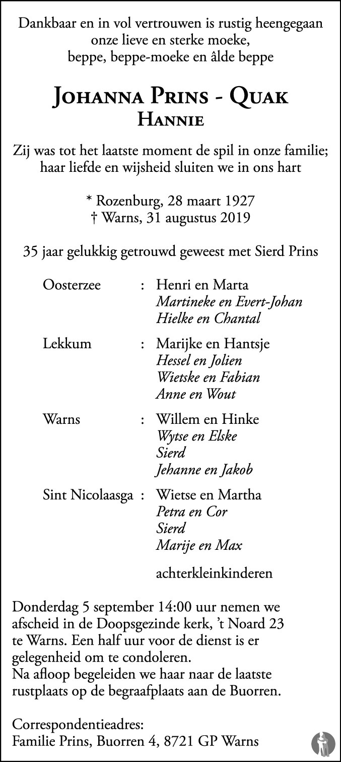 Overlijdensbericht van Johanna (Hannie) Prins - Quak in Sneeker Nieuwsblad