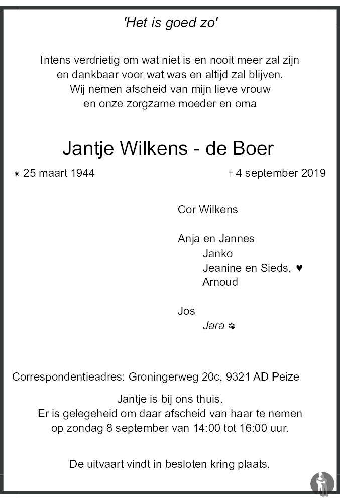 Jantje Wilkens - de Boer 04-09-2019 overlijdensbericht en condoleances ...