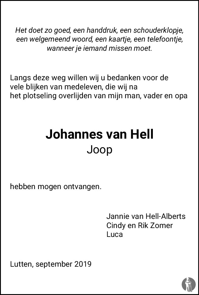 Overlijdensbericht van Johannes (Joop) van Hell in Dedemvaartse Courant