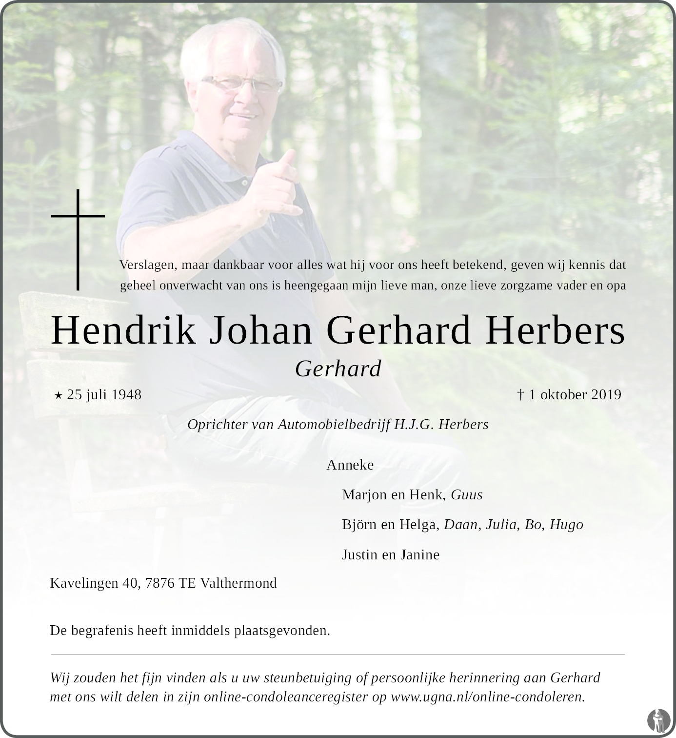 Hendrik Johan Gerhard (Gerhard) Herbers 01102019 overlijdensbericht