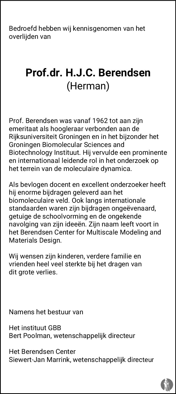Overlijdensbericht van Herman Johan Christiaan (Herman) Berendsen in Dagblad van het Noorden