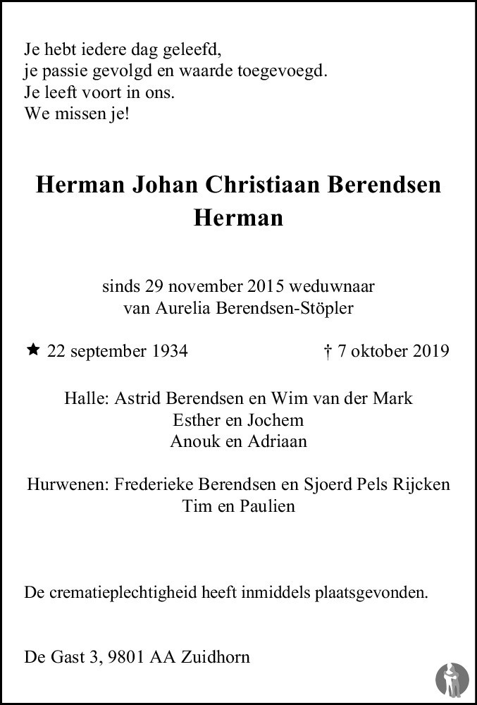 Overlijdensbericht van Herman Johan Christiaan (Herman) Berendsen in Groninger Gezinsbode