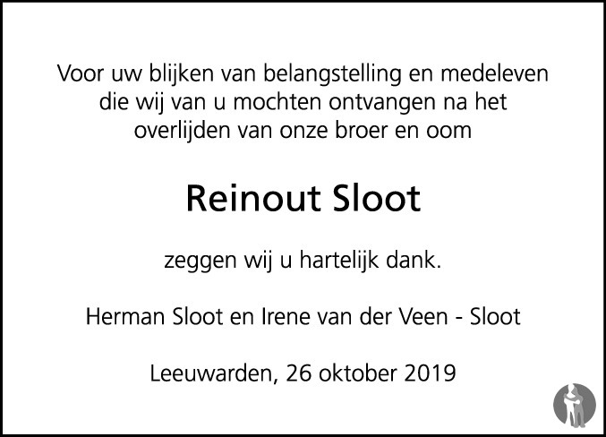 Reinout Jacobus Johannes Sloot 22-08-2019 overlijdensbericht en ...