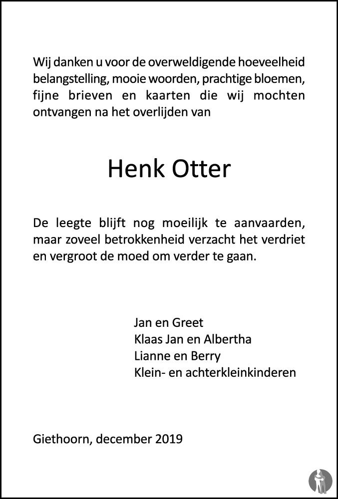 Hendrik Otter 24-10-2019 overlijdensbericht en condoleances - Mensenlinq.nl