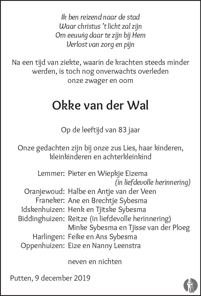 Overlijdensbericht van Okke van der Wal in Friesch Dagblad