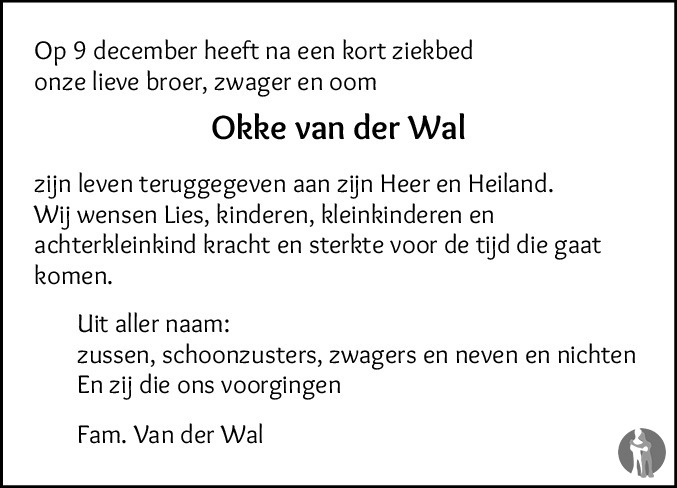 Overlijdensbericht van Okke van der Wal in Friesch Dagblad