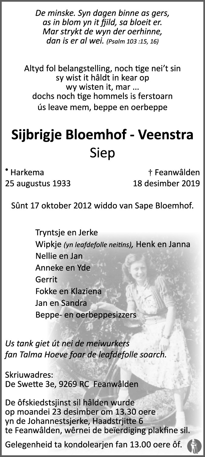 Overlijdensbericht van Sijbrigje (Siep) Bloemhof - Veenstra in Friesch Dagblad