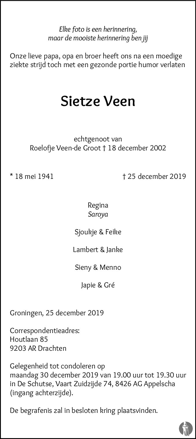Sietze Veen 25122019 overlijdensbericht en condoleances Mensenlinq.nl