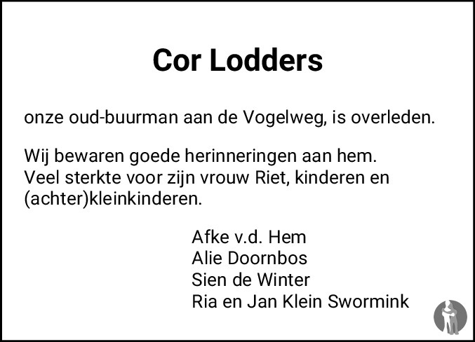 Overlijdensbericht van Cornelis Jacob (Cor) Lodders in Flevopost Dronten
