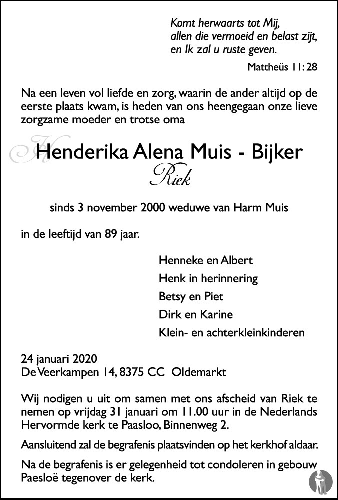 Henderika Alena Riek Muis Bijker 24 01 2020 Overlijdensbericht En