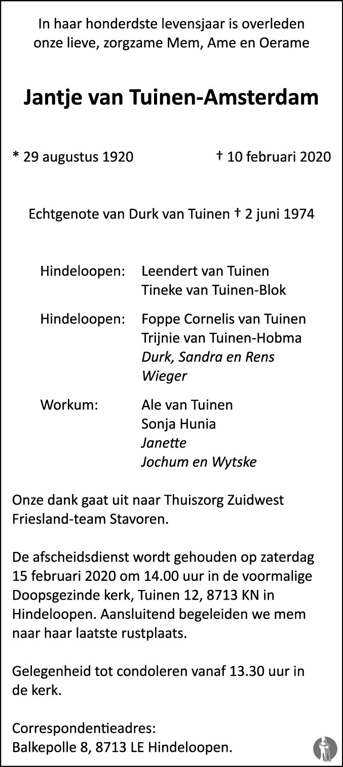 Jantje van TuinenAmsterdam 10022020 overlijdensbericht en