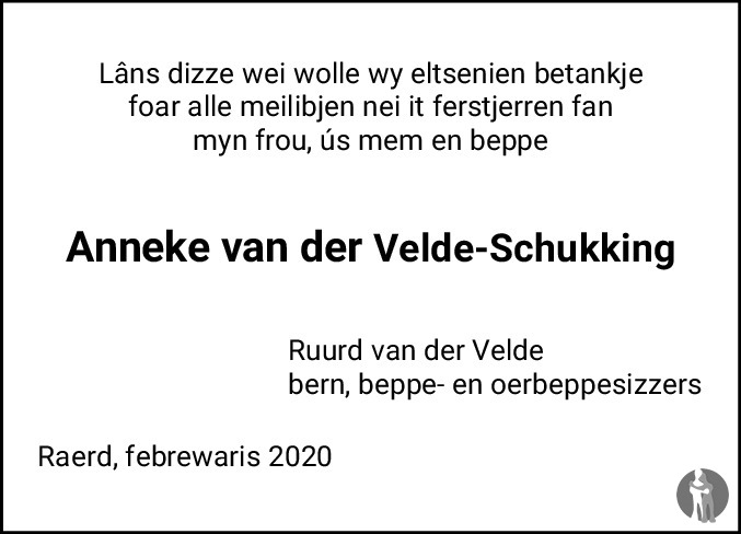 Anneke van der Velde-Schukking 01-02-2020 overlijdensbericht en