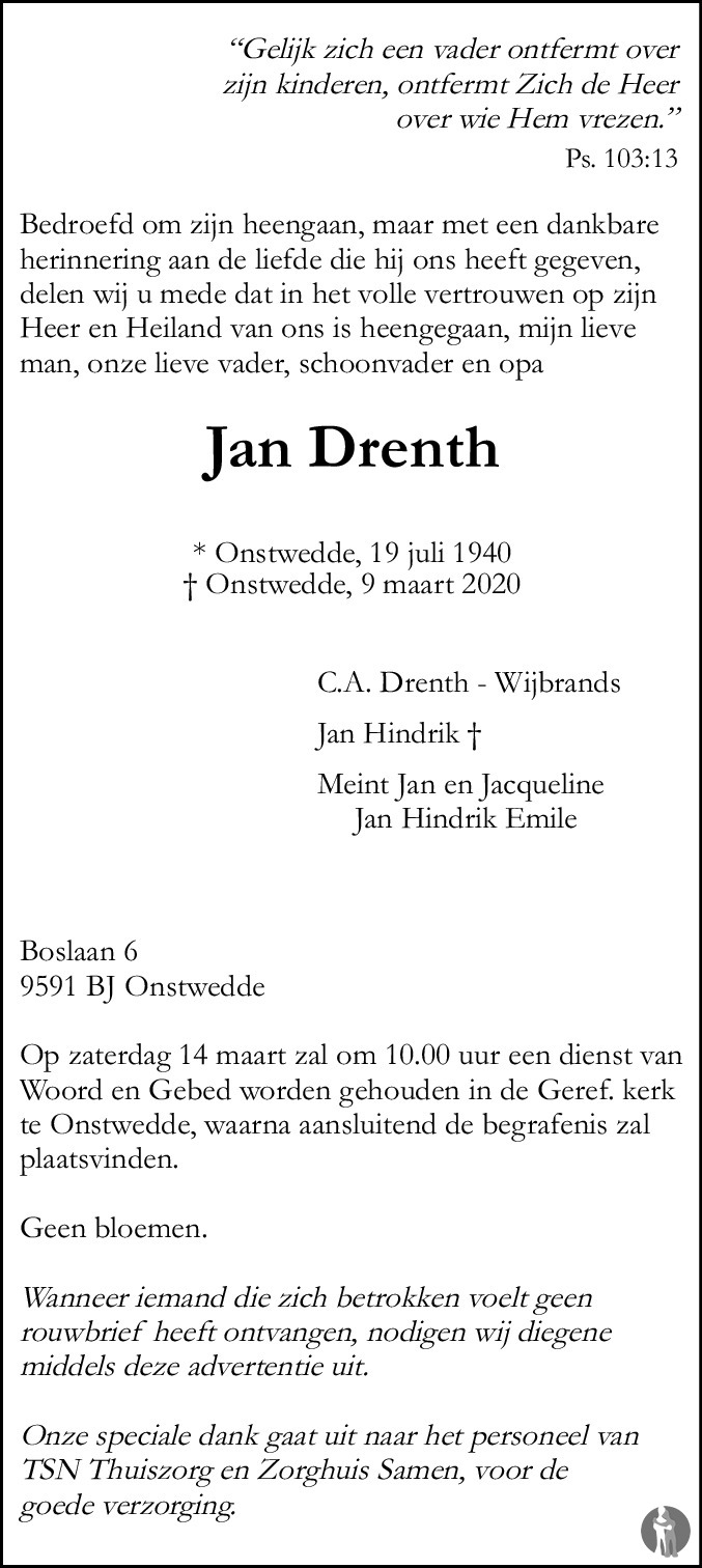 Jan Drenth 09-03-2020 overlijdensbericht en condoleances - Mensenlinq.nl