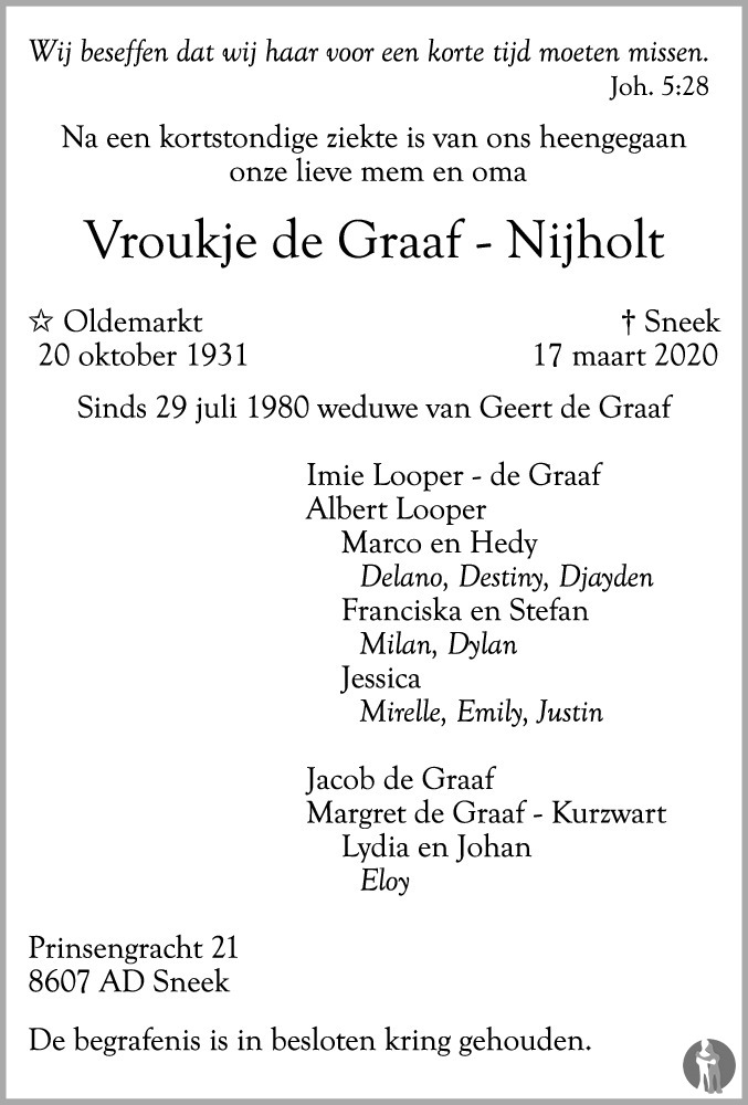 Vroukje de Graaf-Nijholt 17-03-2020 overlijdensbericht en condoleances ...