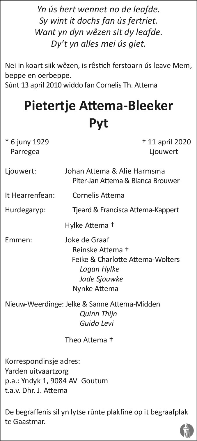 Pietertje (Pyt) Attema-Bleeker ✝ 11-04-2020 overlijdensbericht en  condoleances - Mensenlinq.nl