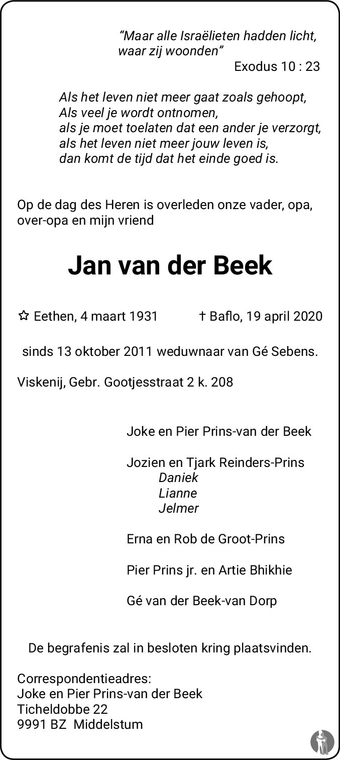Overlijdensbericht van Jan van der Beek in Dagblad van het Noorden