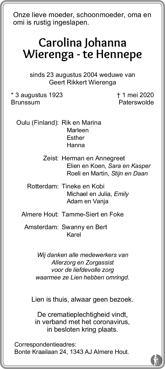 Carolina Johanna Wierengate Hennepe 01052020 overlijdensbericht en
