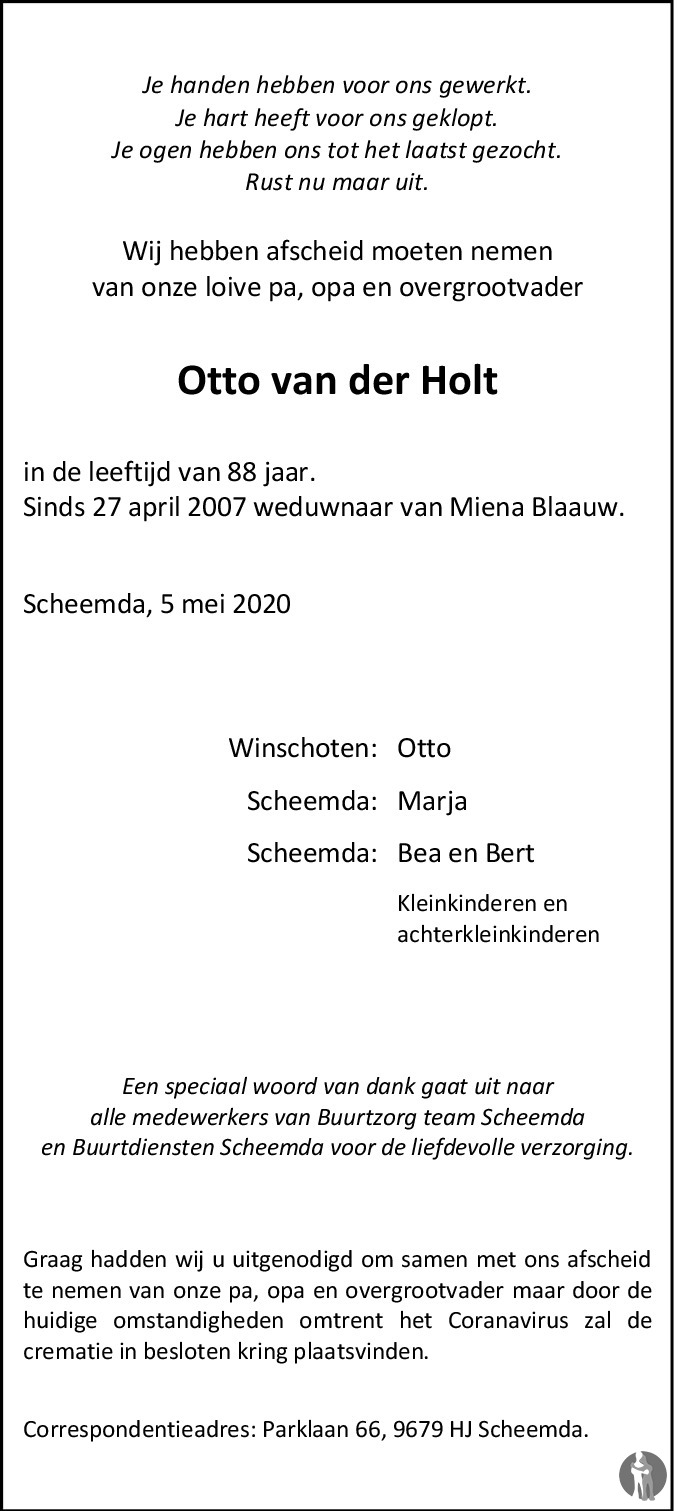 Otto van der Holt 05052020 overlijdensbericht en condoleances Mensenlinq.nl