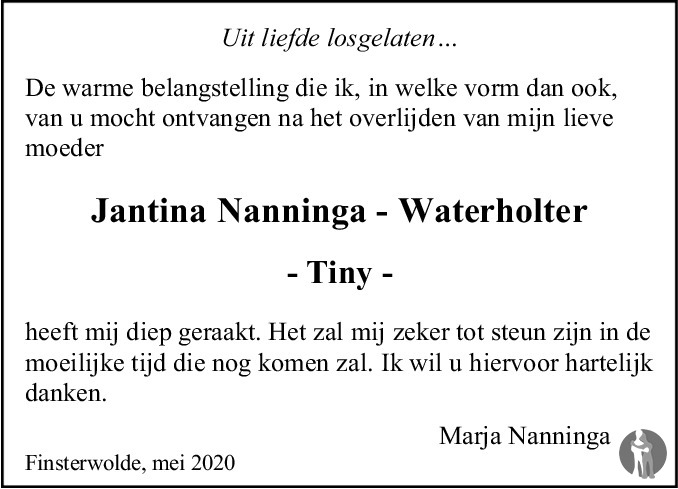 Overlijdensbericht van Jantina (Tiny) Nanninga-Waterholter in Dagblad van het Noorden
