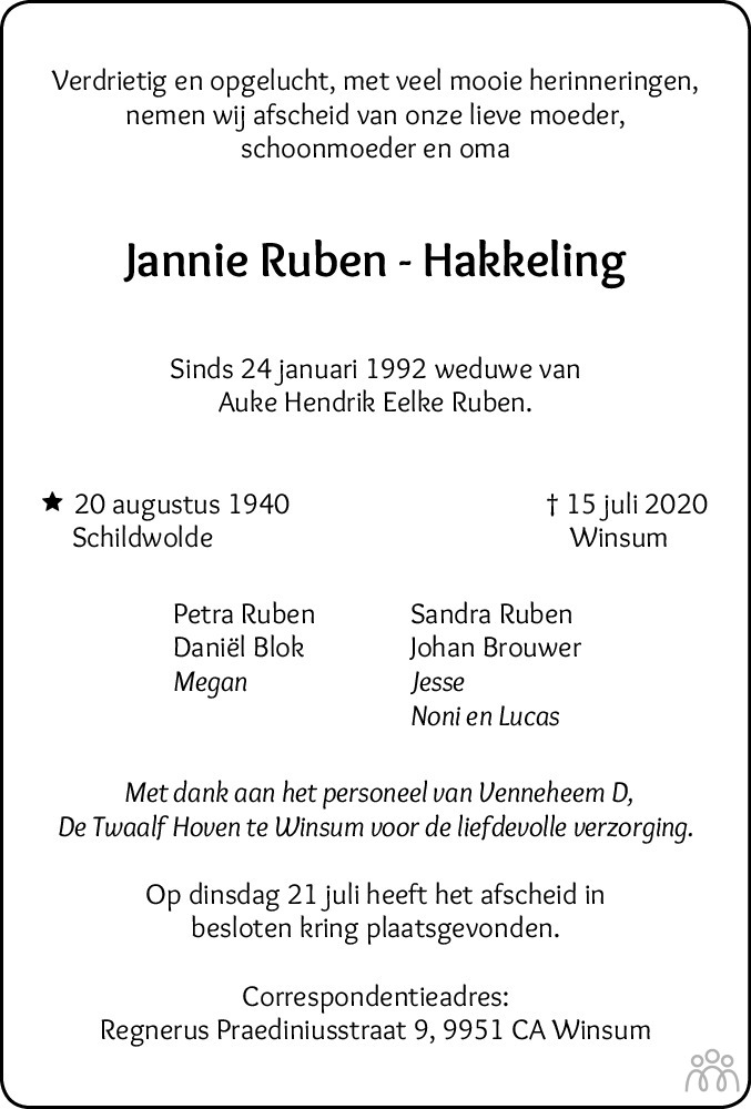 Jannie Ruben Hakkeling 15 07 2020 Overlijdensbericht En Condoleances Mensenlinq Nl