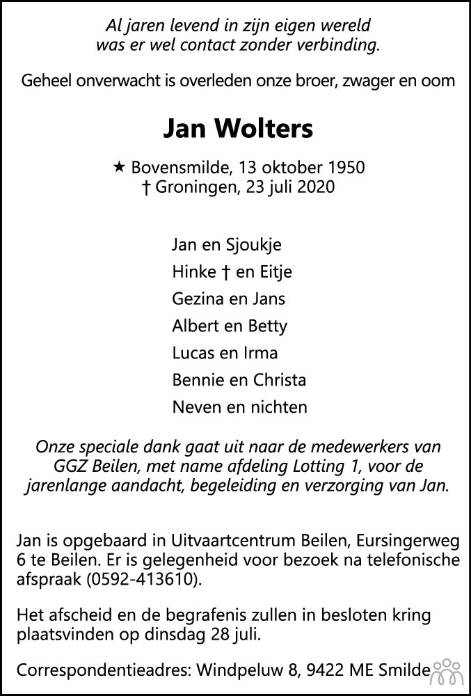 Jan Wolters 23-07-2020 overlijdensbericht en condoleances - Mensenlinq.nl