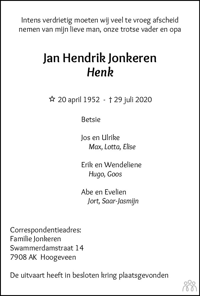 Henk Jonkeren 29-07-2020 overlijdensbericht en condoleances - Mensenlinq.nl