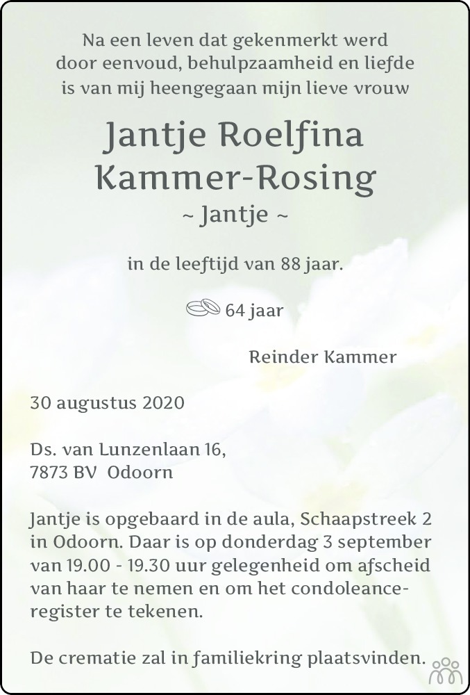 Jantje Roelfina Kammer-Rosing 30-08-2020 overlijdensbericht en ...