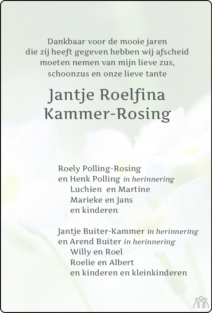 Jantje Roelfina Kammer-Rosing 30-08-2020 overlijdensbericht en ...