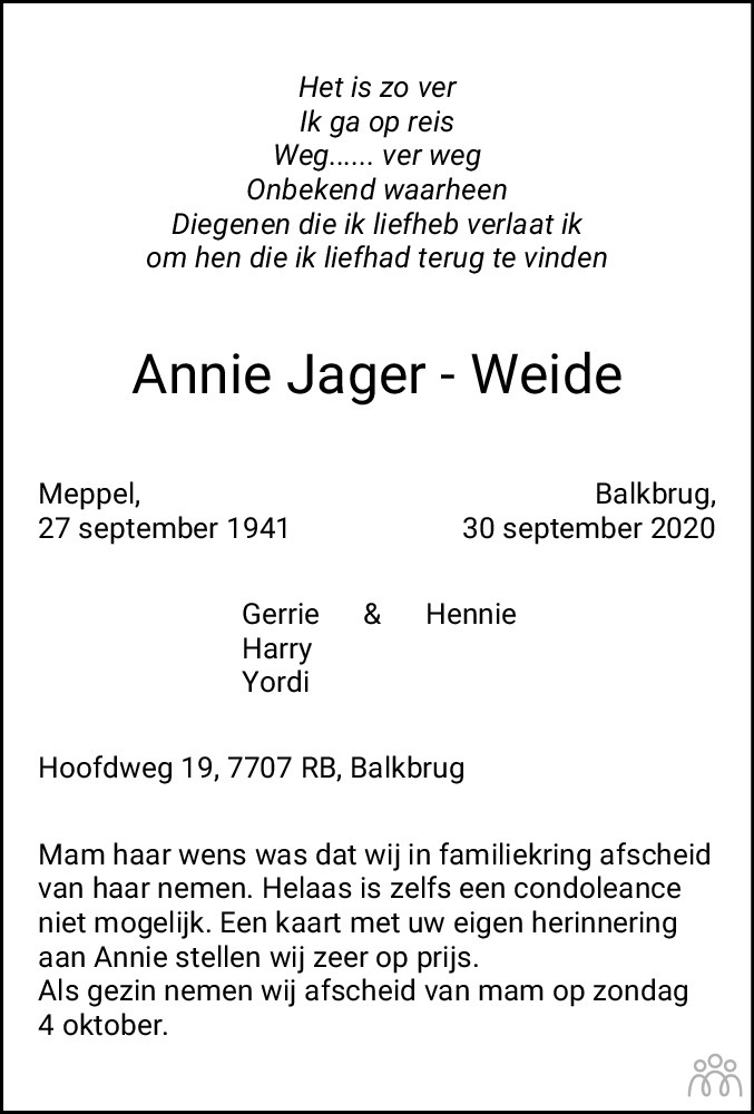 Overlijdensbericht van Annie Jager-Weide in Hoogeveensche Courant