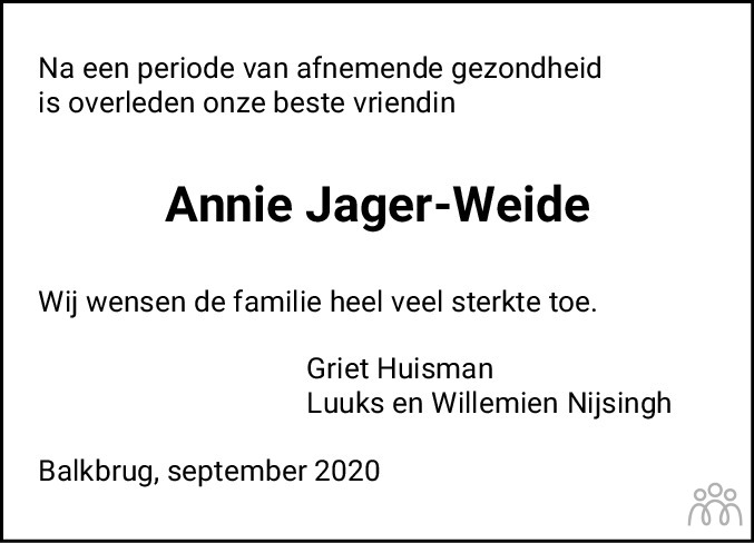 Overlijdensbericht van Annie Jager-Weide in Meppeler Courant