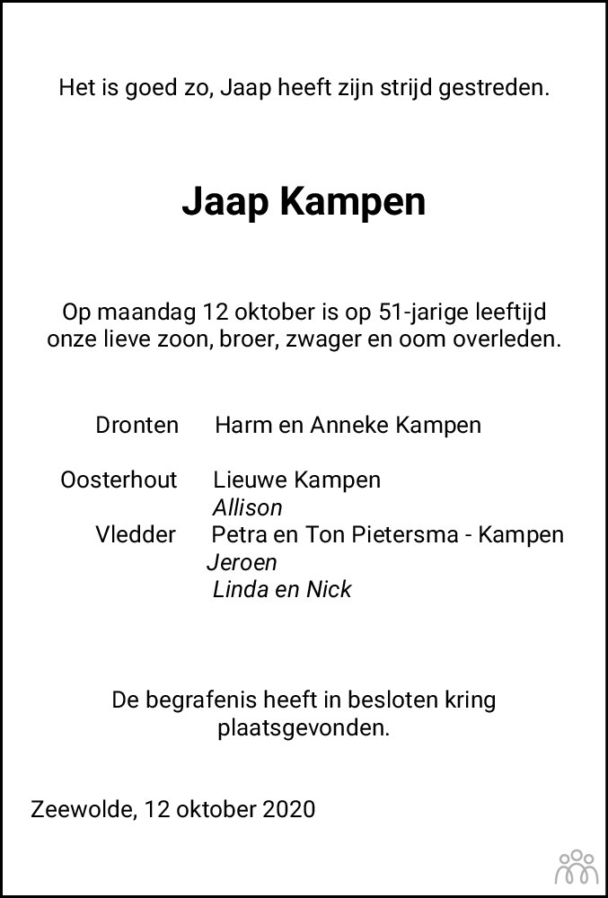 Overlijdensbericht van Jaap Kampen in Flevopost Dronten