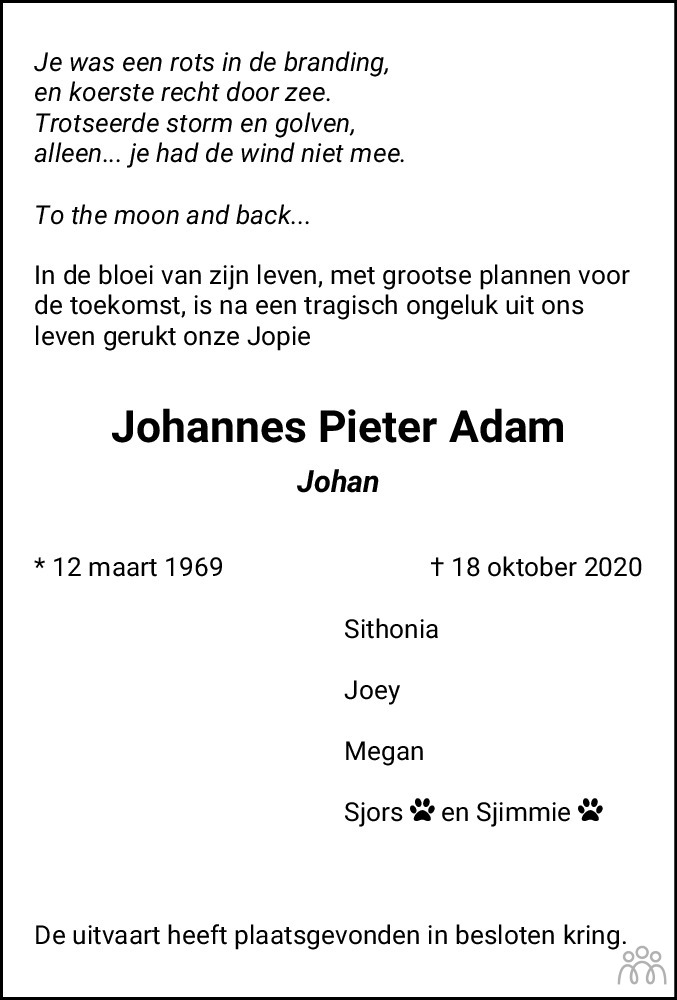 Johannes Pieter (Johan) Adam 18102020 overlijdensbericht en