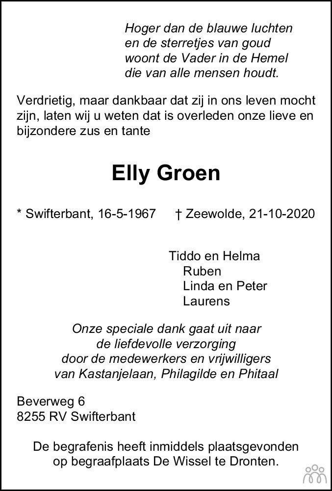 Overlijdensbericht van Elly Groen in Flevopost Dronten